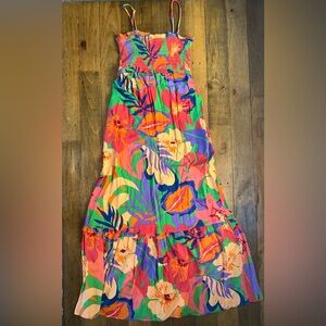 H&M Floral Purple Yellow Orange Print Maxi Tiered Dress Smocked Top Tropical